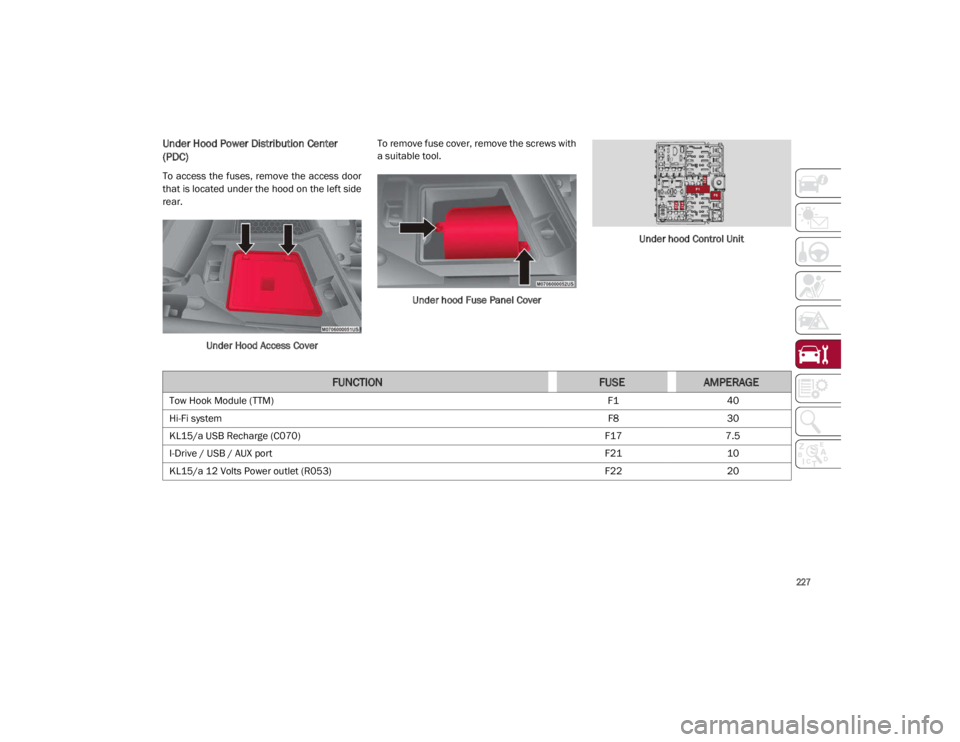 ALFA ROMEO GIULIA 2021 Owners Manual
227
Under Hood Power Distribution Center
(PDC)
To access the fuses, remove the access door
that is located under the hood on the left side
rear.Under Hood Access Cover To remove fuse cover, r ALFA ROMEO GIULIA 2021 Owners Manual
227
Under Hood Power Distribution Center
(PDC)
To access the fuses, remove the access door
that is located under the hood on the left side
rear.Under Hood Access Cover To remove fuse cover, r
