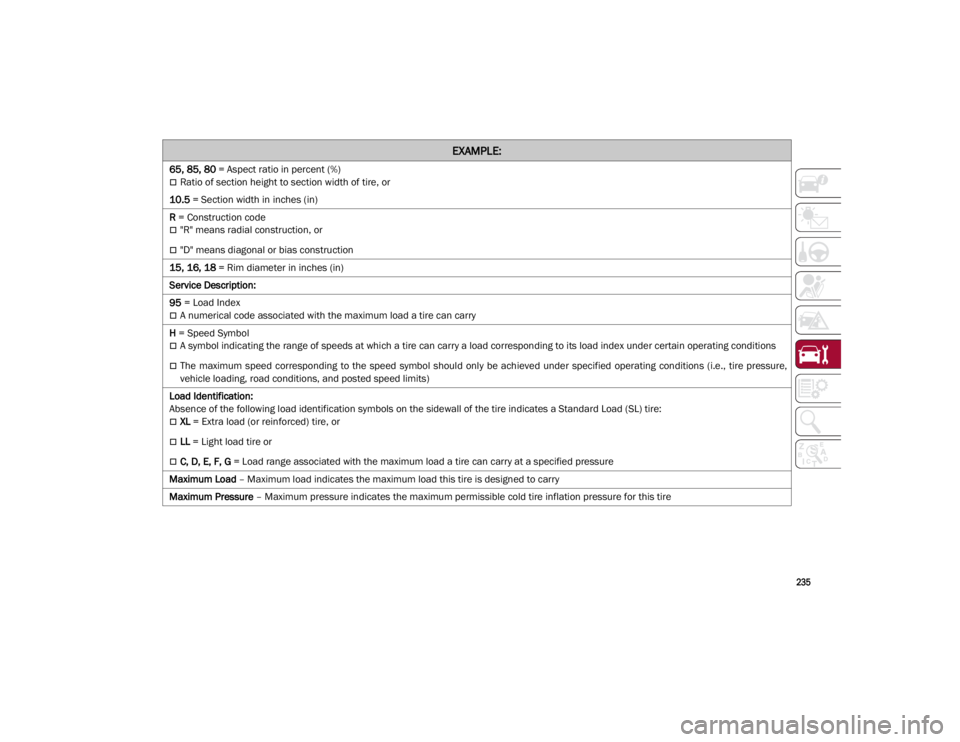 ALFA ROMEO GIULIA 2021 Owners Manual
235
65, 85, 80 = Aspect ratio in percent (%)
Ratio of section height to section width of tire, or
10.5 = Section width in inches (in)
R = Construction code
"R" means radial constru ALFA ROMEO GIULIA 2021 Owners Manual
235
65, 85, 80 = Aspect ratio in percent (%)
Ratio of section height to section width of tire, or
10.5 = Section width in inches (in)
R = Construction code
"R" means radial constru
