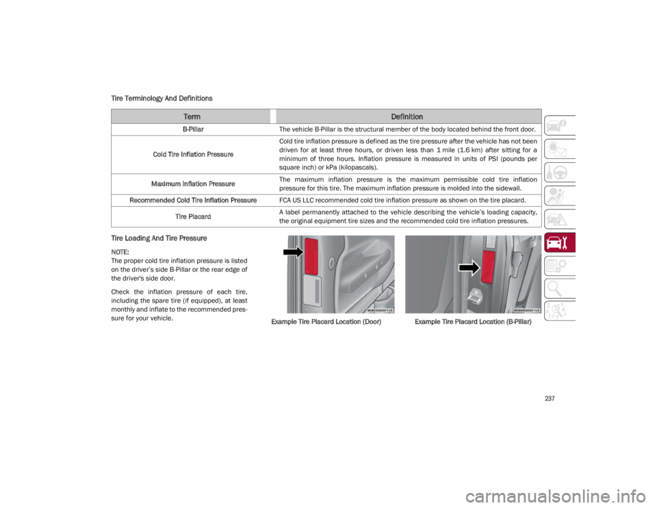 ALFA ROMEO GIULIA 2021  Owners Manual 
237

Tire Terminology And Definitions
Tire Loading And Tire Pressure   

NOTE:

The proper cold tire inflation pressure is listed
on the driver’s side B-Pillar or the rear edge of
the driver's 