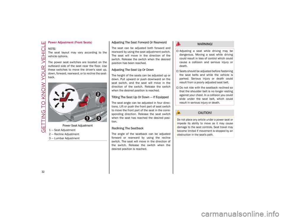 ALFA ROMEO GIULIA 2021 Owners Guide GETTING TO KNOW YOUR VEHICLE

32

Power Adjustment (Front Seats)

NOTE:

The  seat  layout  may  vary  according  to  the
vehicle options.
The  power  seat  switches  are  located  on  the
outboard  s