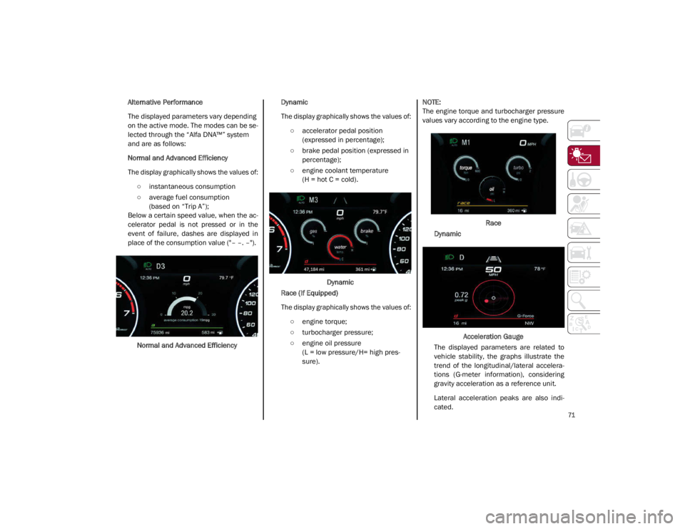 ALFA ROMEO GIULIA 2021 Manual PDF
71
Alternative Performance
The displayed parameters vary depending
on the active mode. The modes can be se-
lected through the “Alfa DNA™” system
and are as follows:
Normal and Advanced Effi ALFA ROMEO GIULIA 2021 Manual PDF
71
Alternative Performance
The displayed parameters vary depending
on the active mode. The modes can be se-
lected through the “Alfa DNA™” system
and are as follows:
Normal and Advanced Effi