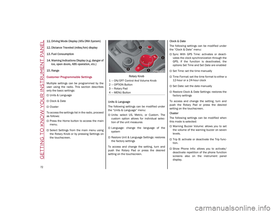 ALFA ROMEO GIULIA 2021 Manual PDF GETTING TO KNOW YOUR INSTRUMENT PANEL
72
11. Driving Mode Display (Alfa DNA System)
12. Distance Traveled (miles/km) display
13. Fuel Consumption
14. Warning Indications Display (e.g. danger ofice, ALFA ROMEO GIULIA 2021 Manual PDF GETTING TO KNOW YOUR INSTRUMENT PANEL
72
11. Driving Mode Display (Alfa DNA System)
12. Distance Traveled (miles/km) display
13. Fuel Consumption
14. Warning Indications Display (e.g. danger ofice,