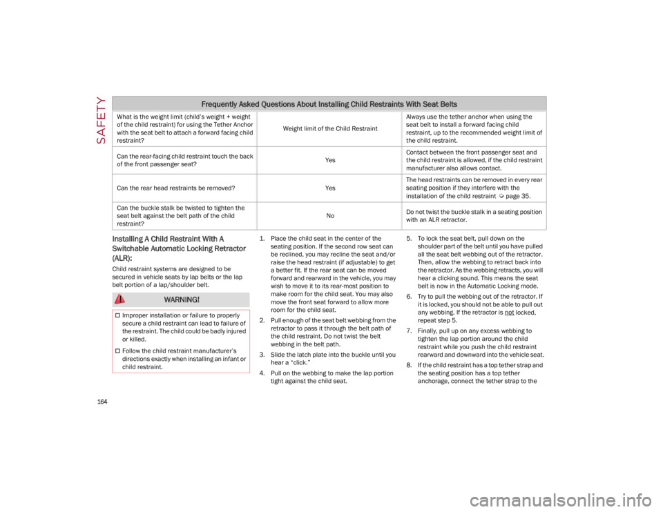 ALFA ROMEO GIULIA 2022  Owners Manual SAFETY

164

Installing A Child Restraint With A 
Switchable Automatic Locking Retractor 
(ALR): 
Child restraint systems are designed to be 
secured in vehicle seats by lap belts or the lap 
belt por