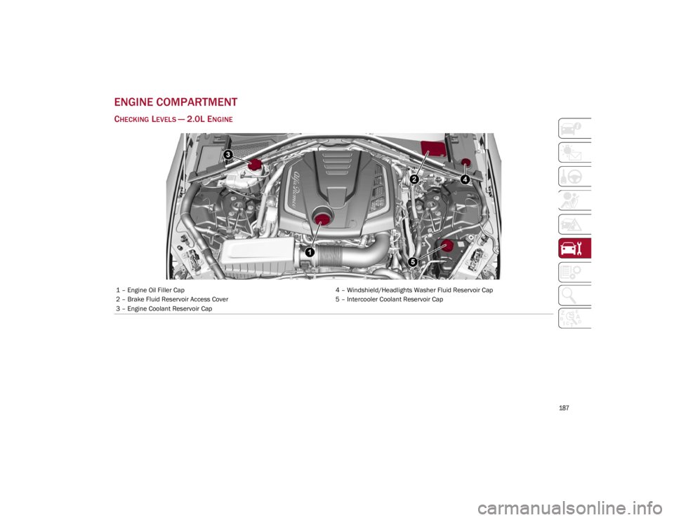 ALFA ROMEO GIULIA 2022 Owners Manual
187
ENGINE COMPARTMENT
CHECKING LEVELS — 2.0L ENGINE
1 – Engine Oil Filler Cap4 – Windshield/Headlights Washer Fluid Reservoir Cap
2 – Brake Fluid Reservoir Access Cover 5 – Intercooler Co ALFA ROMEO GIULIA 2022 Owners Manual
187
ENGINE COMPARTMENT
CHECKING LEVELS — 2.0L ENGINE
1 – Engine Oil Filler Cap4 – Windshield/Headlights Washer Fluid Reservoir Cap
2 – Brake Fluid Reservoir Access Cover 5 – Intercooler Co