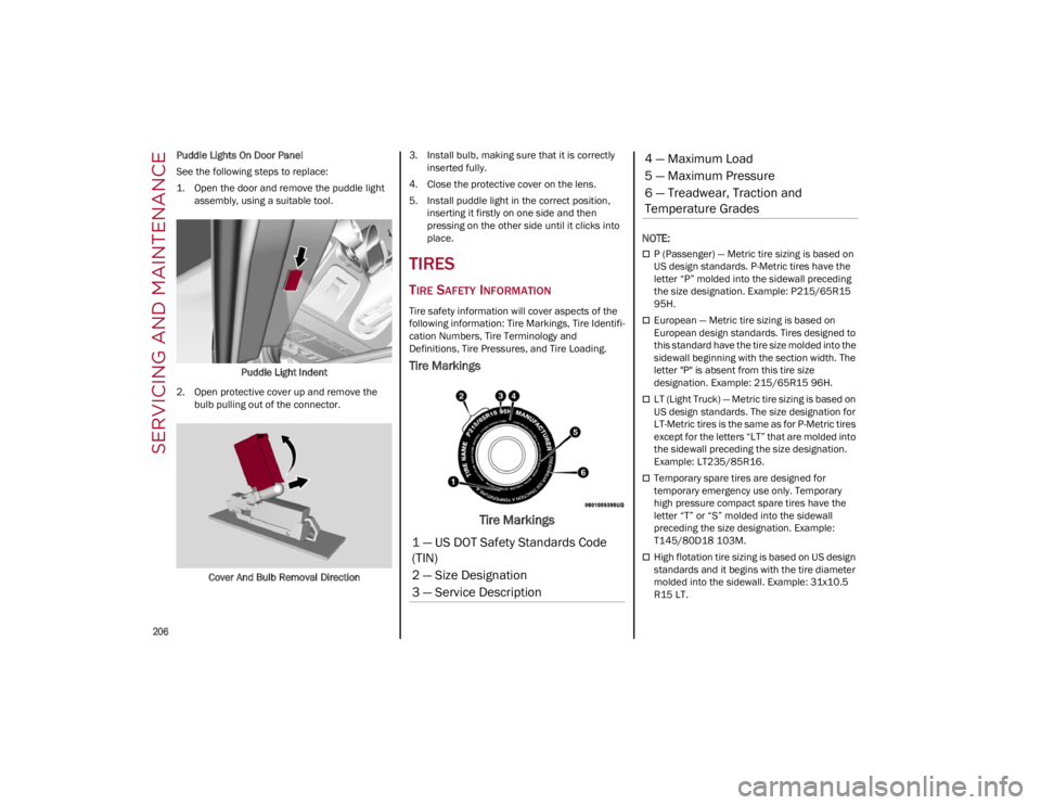 ALFA ROMEO GIULIA 2022  Owners Manual SERVICING AND MAINTENANCE

206

Puddle Lights On Door Panel
See the following steps to replace:
1. Open the door and remove the puddle light assembly, using a suitable tool.
Puddle Light Indent
2. Ope