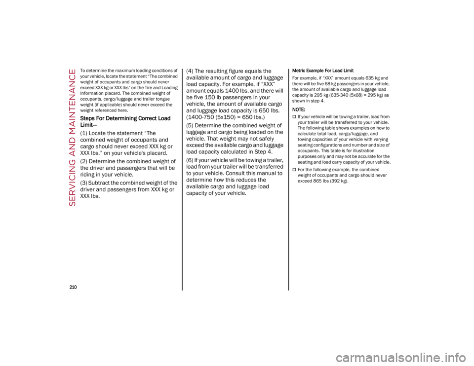 ALFA ROMEO GIULIA 2022  Owners Manual SERVICING AND MAINTENANCE

210

To determine the maximum loading conditions of 
your vehicle, locate the statement “The combined 
weight of occupants and cargo should never 
exceed XXX kg or XXX lbs