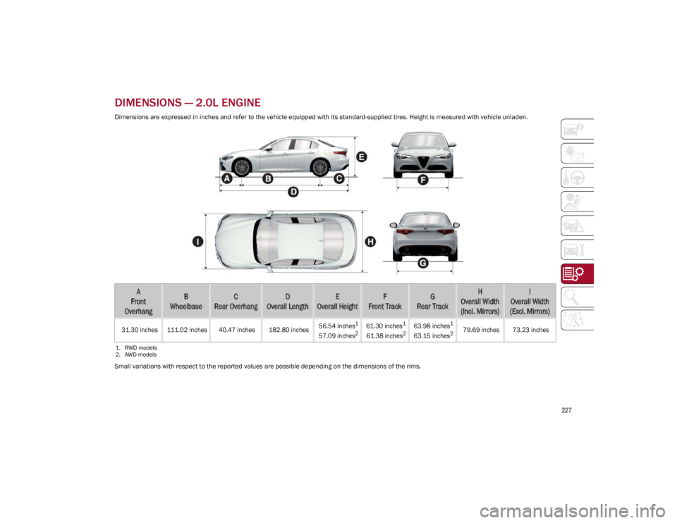 ALFA ROMEO GIULIA 2022  Owners Manual 
227

DIMENSIONS — 2.0L ENGINE
Dimensions are expressed in inches and refer to the vehicle equipped with its standard-supplied tires. Height is measured with vehicle unladen.
Small variations with r