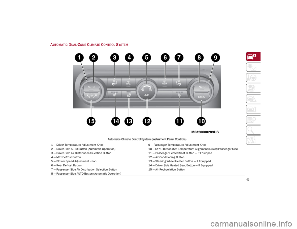 ALFA ROMEO GIULIA 2022  Owners Manual 
49

AUTOMATIC DUAL-ZONE CLIMATE CONTROL SYSTEM 
Automatic Climate Control System (Instrument Panel Controls)
1 — Driver Temperature Adjustment Knob 9 — Passenger Temperature Adjustment Knob
2 —