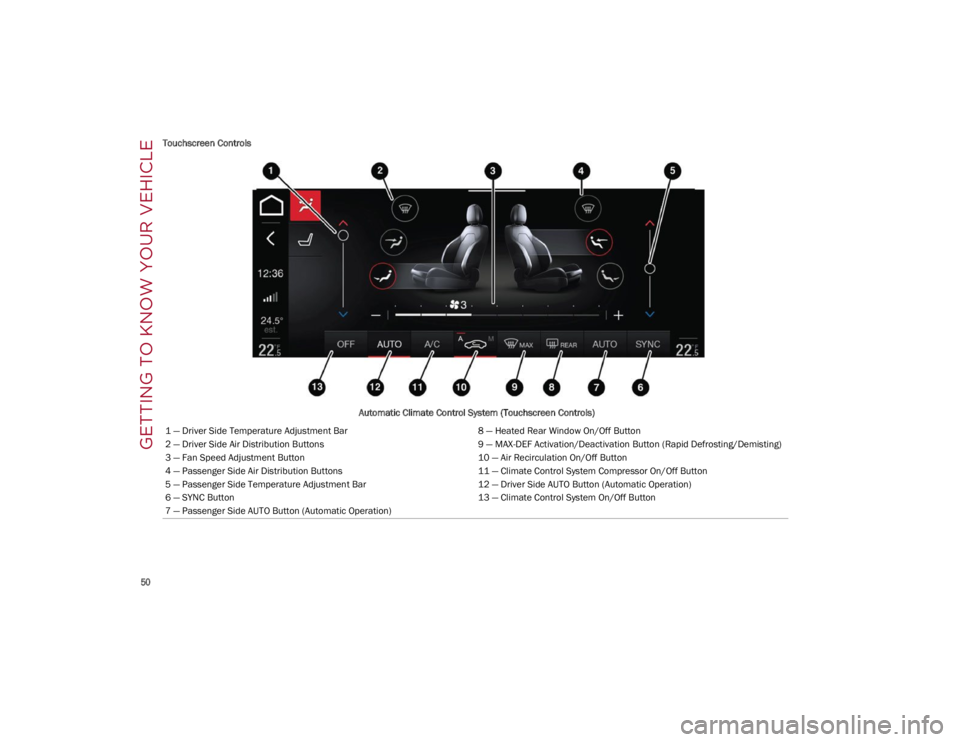 ALFA ROMEO GIULIA 2022 Workshop Manual GETTING TO KNOW YOUR VEHICLE

50
Touchscreen Controls
Aut

omatic Climate Control System (Touchscreen Controls)
1 — Driver Side Temperature Adjustment Bar 8 — Heated Rear Window On/Off Button
2 