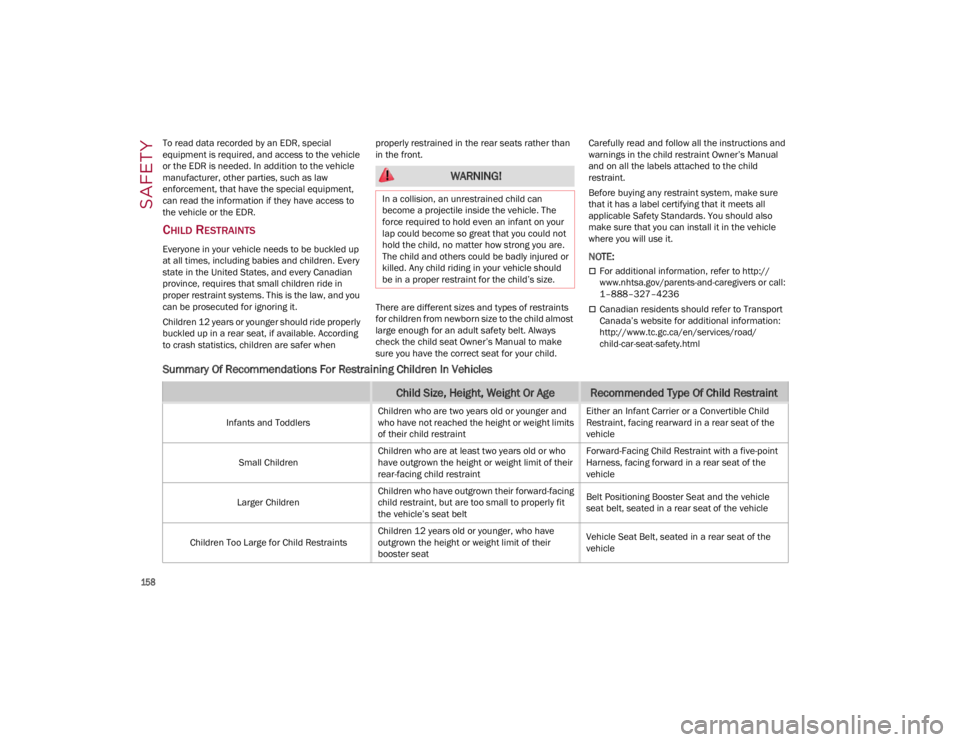 ALFA ROMEO GIULIA 2023  Owners Manual SAFETY

158
To read data recorded by an EDR, special 
equipment is required, and access to the vehicle 
or the EDR is needed. In addition to the vehicle 
manufacturer, other parties, such as law 
enfo