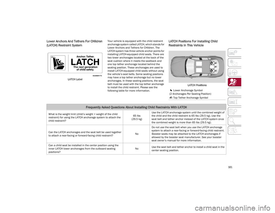 ALFA ROMEO GIULIA 2023  Owners Manual 
161

Lower Anchors And Tethers For CHildren 
(LATCH) Restraint System 
LATCH LabelYour vehicle is equipped with the child restraint 
anchorage system called LATCH, which stands for 
Lower Anchors and