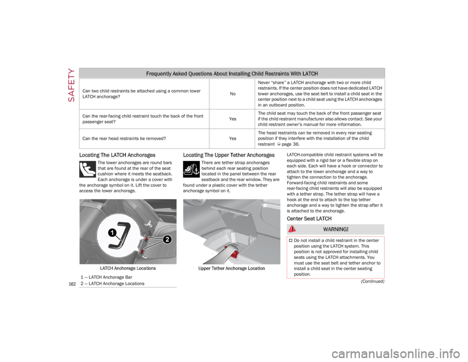ALFA ROMEO GIULIA 2023  Owners Manual SAFETY

162
(Continued)
Locating The LATCH Anchorages
The lower anchorages are round bars 
that are found at the rear of the seat 
cushion where it meets the seatback. 
Each anchorage is under a cover
