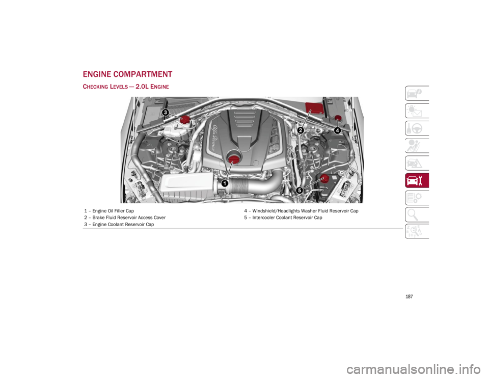 ALFA ROMEO GIULIA 2023  Owners Manual 
187

ENGINE COMPARTMENT
CHECKING LEVELS — 2.0L ENGINE
1 – Engine Oil Filler Cap4 – Windshield/Headlights Washer Fluid Reservoir Cap
2 – Brake Fluid Reservoir Access Cover 5 – Intercooler Co