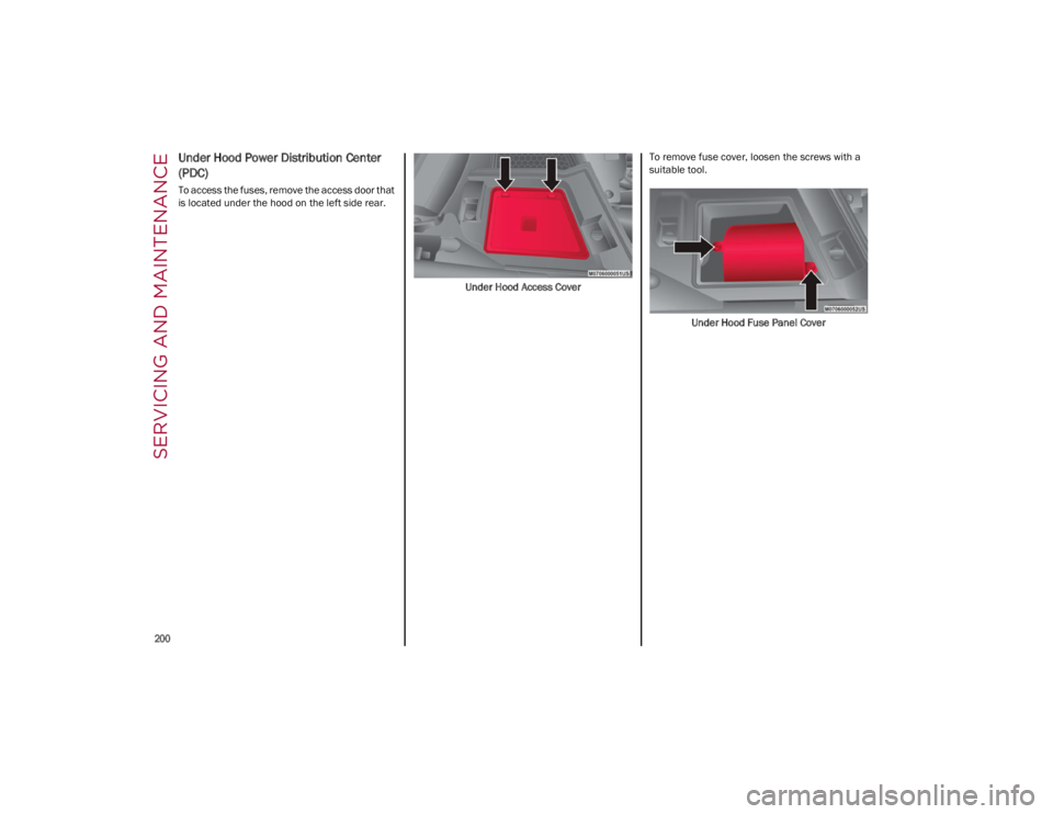 ALFA ROMEO GIULIA 2023 Owners Manual SERVICING AND MAINTENANCE
200
Under Hood Power Distribution Center
(PDC)
To access the fuses, remove the access door that
is located under the hood on the left side rear.Under Hood Access CoverTo ALFA ROMEO GIULIA 2023 Owners Manual SERVICING AND MAINTENANCE
200
Under Hood Power Distribution Center
(PDC)
To access the fuses, remove the access door that
is located under the hood on the left side rear.Under Hood Access CoverTo