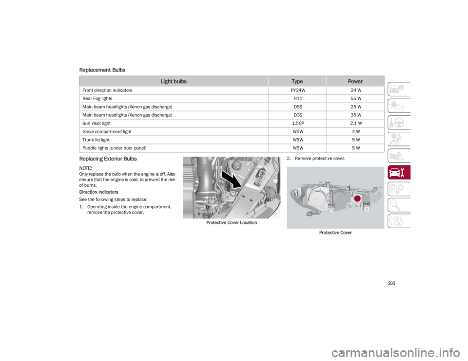 ALFA ROMEO GIULIA 2023 Owners Manual
203
Replacement Bulbs
Replacing Exterior Bulbs
NOTE:
Only replace the bulb when the engine is off. Also
ensure that the engine is cold, to prevent the risk
of burns.
Direction Indicators
See the ALFA ROMEO GIULIA 2023 Owners Manual
203
Replacement Bulbs
Replacing Exterior Bulbs
NOTE:
Only replace the bulb when the engine is off. Also
ensure that the engine is cold, to prevent the risk
of burns.
Direction Indicators
See the