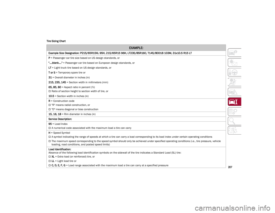 ALFA ROMEO GIULIA 2023 Owners Manual
207
Tire Sizing Chart
EXAMPLE:
Example Size Designation: P215/65R15XL 95H, 215/65R15 96H, LT235/85R16C, T145/80D18 103M, 31x10.5 R15 LT
P
= Passenger car tire size based on US design standards, or ALFA ROMEO GIULIA 2023 Owners Manual
207
Tire Sizing Chart
EXAMPLE:
Example Size Designation: P215/65R15XL 95H, 215/65R15 96H, LT235/85R16C, T145/80D18 103M, 31x10.5 R15 LT
P
= Passenger car tire size based on US design standards, or