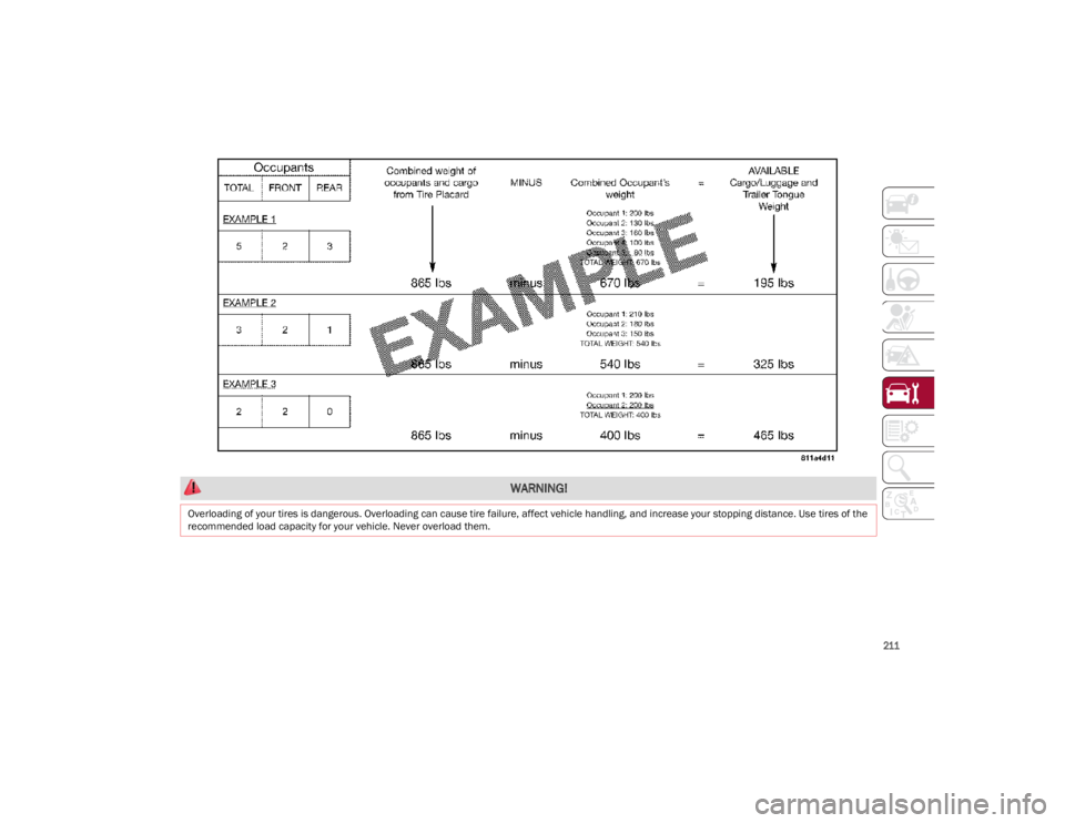 ALFA ROMEO GIULIA 2023 Owners Manual
211
WARNING!
Overloading of your tires is dangerous. Overloading can cause tire failure, affect vehicle handling, and increase your stopping distance. Use tires of the
recommended load capacity fo ALFA ROMEO GIULIA 2023 Owners Manual
211
WARNING!
Overloading of your tires is dangerous. Overloading can cause tire failure, affect vehicle handling, and increase your stopping distance. Use tires of the
recommended load capacity fo
