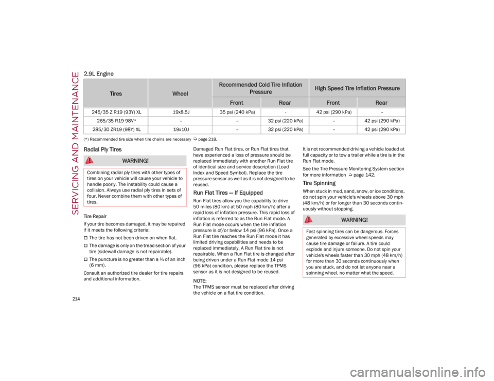 ALFA ROMEO GIULIA 2023 Owners Manual SERVICING AND MAINTENANCE
214
2.9L Engine
(*) Recommended tire size when tire chains are necessary
Ú
page 218.
Radial Ply Tires
Tire Repair
If your tire becomes damaged, it may be repaired
if i ALFA ROMEO GIULIA 2023 Owners Manual SERVICING AND MAINTENANCE
214
2.9L Engine
(*) Recommended tire size when tire chains are necessary
Ú
page 218.
Radial Ply Tires
Tire Repair
If your tire becomes damaged, it may be repaired
if i