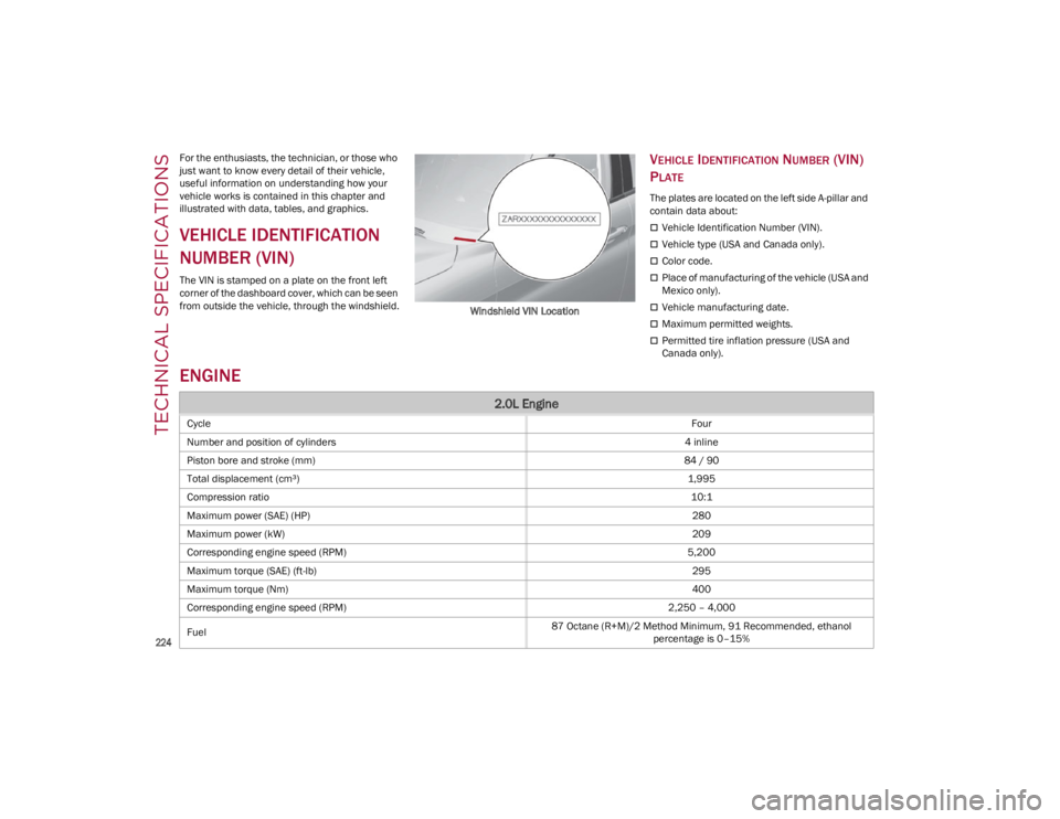ALFA ROMEO GIULIA 2023  Owners Manual 
224

TECHNICAL SPECIFICATIONS
For the enthusiasts, the technician, or those who 
just want to know every detail of their vehicle, 
useful information on understanding how your 
vehicle works is conta