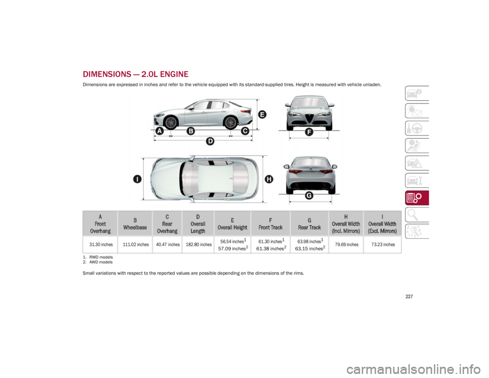 ALFA ROMEO GIULIA 2023 Owners Manual
227
DIMENSIONS — 2.0L ENGINE
Dimensions are expressed in inches and refer to the vehicle equipped with its standard-supplied tires. Height is measured with vehicle unladen.
Small variations with r ALFA ROMEO GIULIA 2023 Owners Manual
227
DIMENSIONS — 2.0L ENGINE
Dimensions are expressed in inches and refer to the vehicle equipped with its standard-supplied tires. Height is measured with vehicle unladen.
Small variations with r