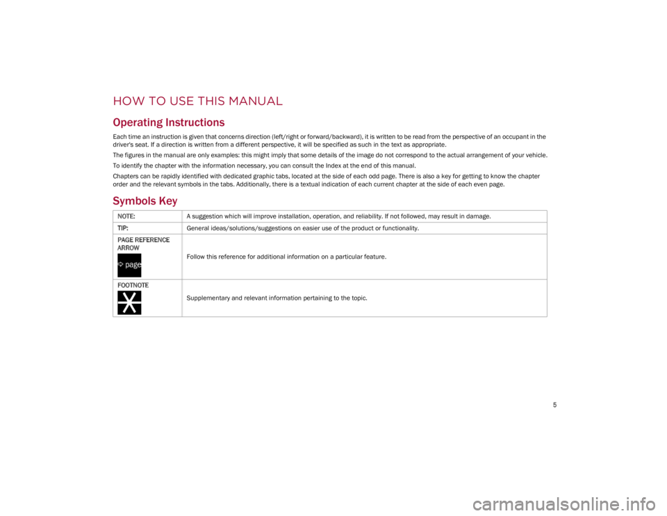 ALFA ROMEO GIULIA 2023  Owners Manual 
5

HOW TO USE THIS MANUAL
Operating Instructions
Each time an instruction is given that concerns direction (left/right or forward/backward), it is written to be read from the perspective of an occupa