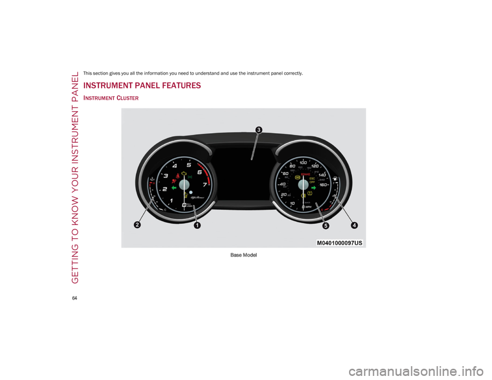 ALFA ROMEO GIULIA 2023 Repair Manual
64
GETTING TO KNOW YOUR INSTRUMENT PANEL
This section gives you all the information you need to understand and use the instrument panel correctly.
INSTRUMENT PANEL FEATURES
INSTRUMENT CLUSTER
Base M ALFA ROMEO GIULIA 2023 Repair Manual
64
GETTING TO KNOW YOUR INSTRUMENT PANEL
This section gives you all the information you need to understand and use the instrument panel correctly.
INSTRUMENT PANEL FEATURES
INSTRUMENT CLUSTER
Base M
