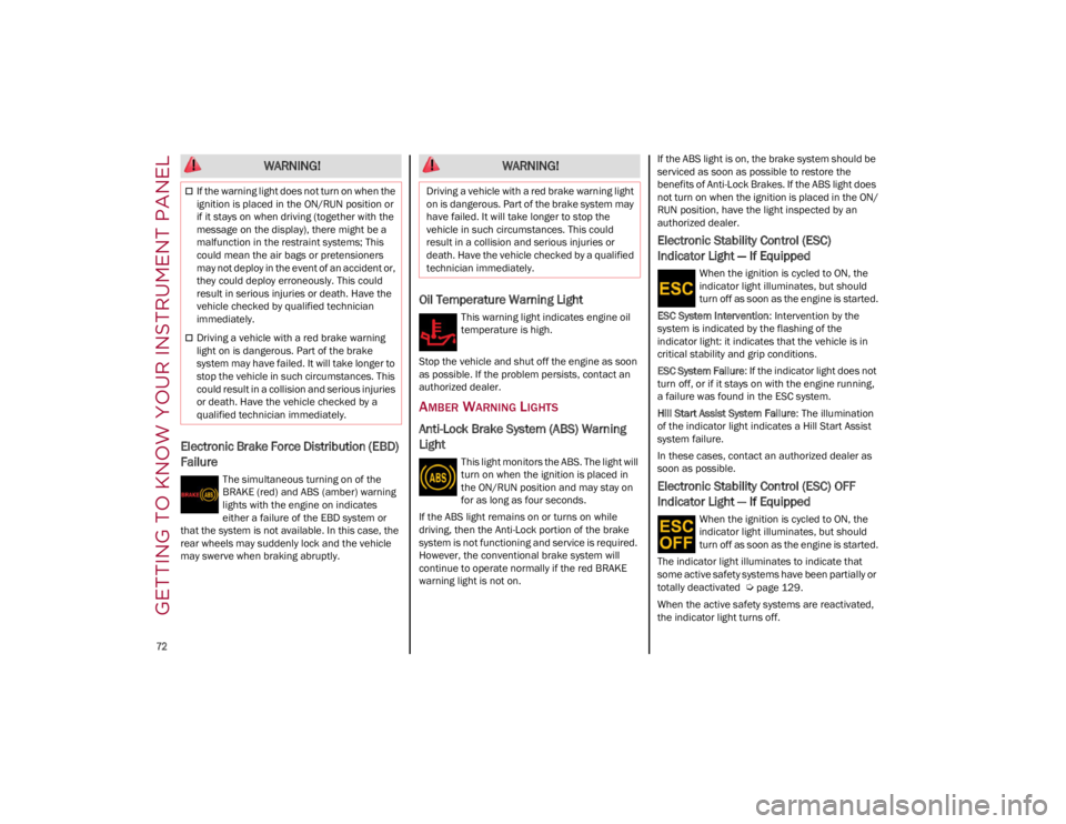 ALFA ROMEO GIULIA 2023 Manual PDF GETTING TO KNOW YOUR INSTRUMENT PANEL

72

Electronic Brake Force Distribution (EBD) 
Failure 
The simultaneous turning on of the 
BRAKE (red) and ABS (amber) warning 
lights with the engine on indica