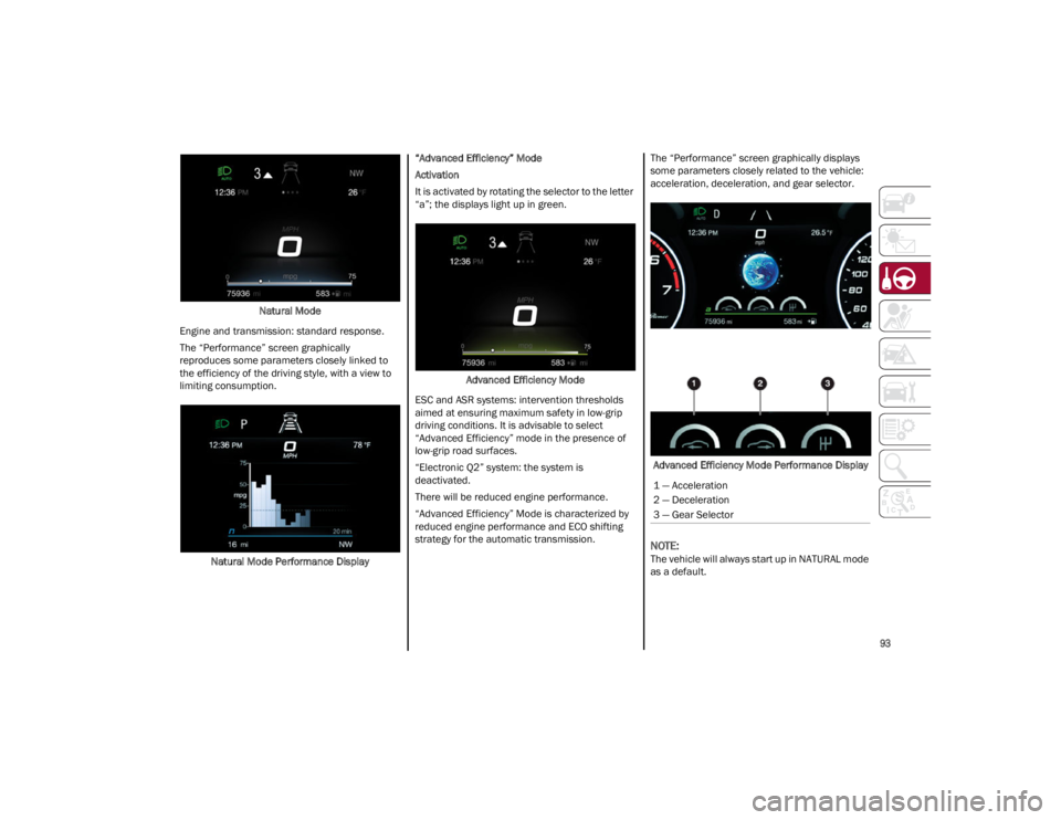 ALFA ROMEO GIULIA 2023 Owners Manual
93
Natural Mode
Engine and transmission: standard response.
The “Performance” screen graphically
reproduces some parameters closely linked to
the efficiency of the driving style, with a view t ALFA ROMEO GIULIA 2023 Owners Manual
93
Natural Mode
Engine and transmission: standard response.
The “Performance” screen graphically
reproduces some parameters closely linked to
the efficiency of the driving style, with a view t