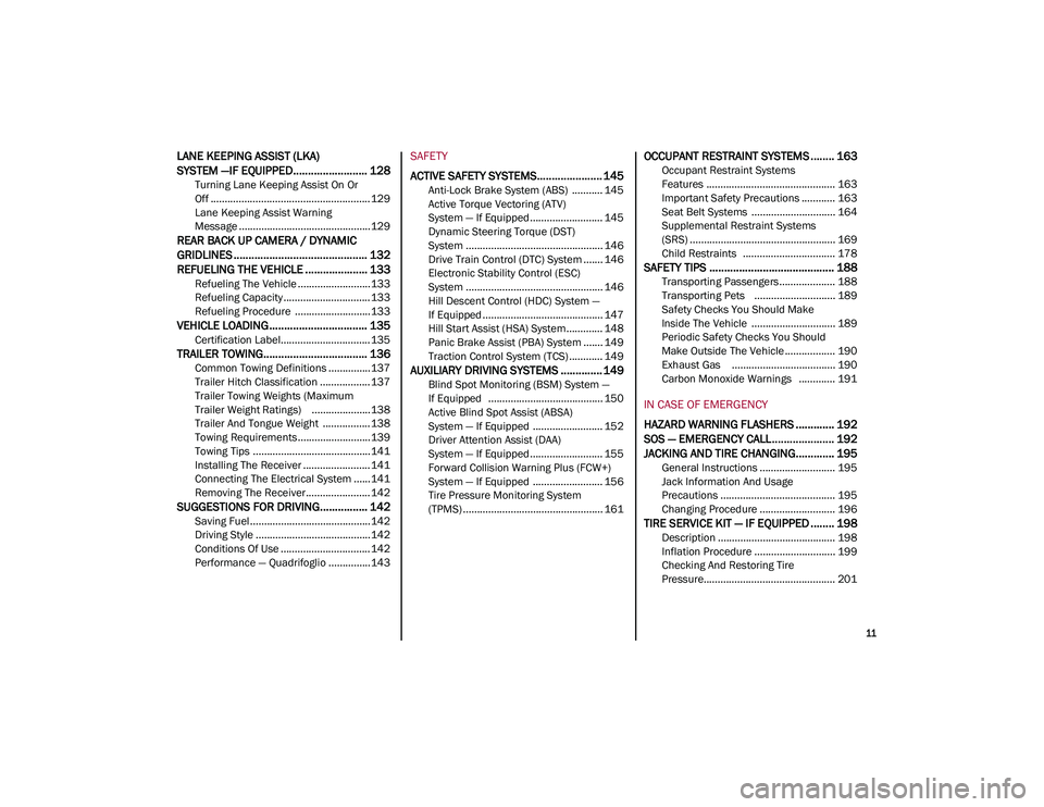 ALFA ROMEO STELVIO 2021 Owners Manual
11
LANE KEEPING ASSIST (LKA)
SYSTEM —IF EQUIPPED......................... 128
Turning Lane Keeping Assist On Or
Off ......................................................... 129 Lane Keeping Assi ALFA ROMEO STELVIO 2021 Owners Manual
11
LANE KEEPING ASSIST (LKA)
SYSTEM —IF EQUIPPED......................... 128
Turning Lane Keeping Assist On Or
Off ......................................................... 129 Lane Keeping Assi