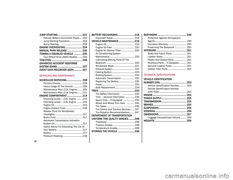 ALFA ROMEO STELVIO 2021 User Guide 
12

JUMP STARTING .................................... 201
Remote Battery Connection Posts......202
Jump Starting Procedure.....................203
Bump Starting     .................................