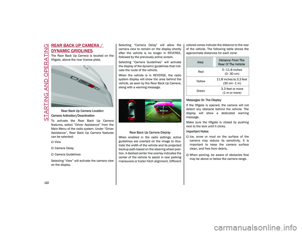 ALFA ROMEO STELVIO 2021 Owners Manual STARTING AND OPERATING
132
REAR BACK UP CAMERA /
DYNAMIC GRIDLINES
The Rear Back Up Camera is located on the
liftgate, above the rear license plate.Rear Back Up Camera Location
Camera Activ ALFA ROMEO STELVIO 2021 Owners Manual STARTING AND OPERATING
132
REAR BACK UP CAMERA /
DYNAMIC GRIDLINES
The Rear Back Up Camera is located on the
liftgate, above the rear license plate.Rear Back Up Camera Location
Camera Activ