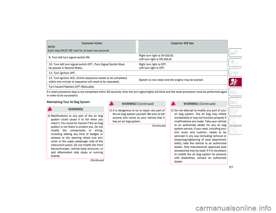 ALFA ROMEO STELVIO 2021  Owners Manual 
177

(Continued)
(Continued)
If a reset procedure step is not completed within 60 seconds, then the turn signal lights will blink and the reset procedure must be performed again
in order to be succes