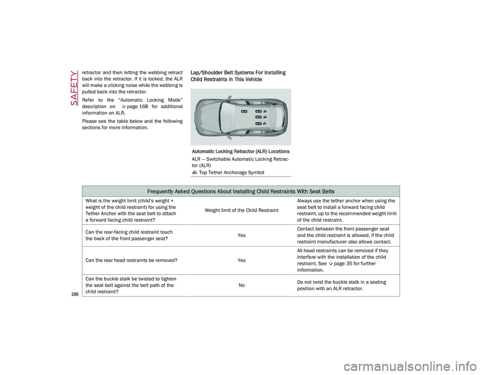 ALFA ROMEO STELVIO 2021  Owners Manual SAFETY

186

retractor  and then  letting  the  webbing  retract
back into the  retractor.  If it  is  locked, the  ALR
will make a clicking noise while the webbing is
pulled back into the retractor.
