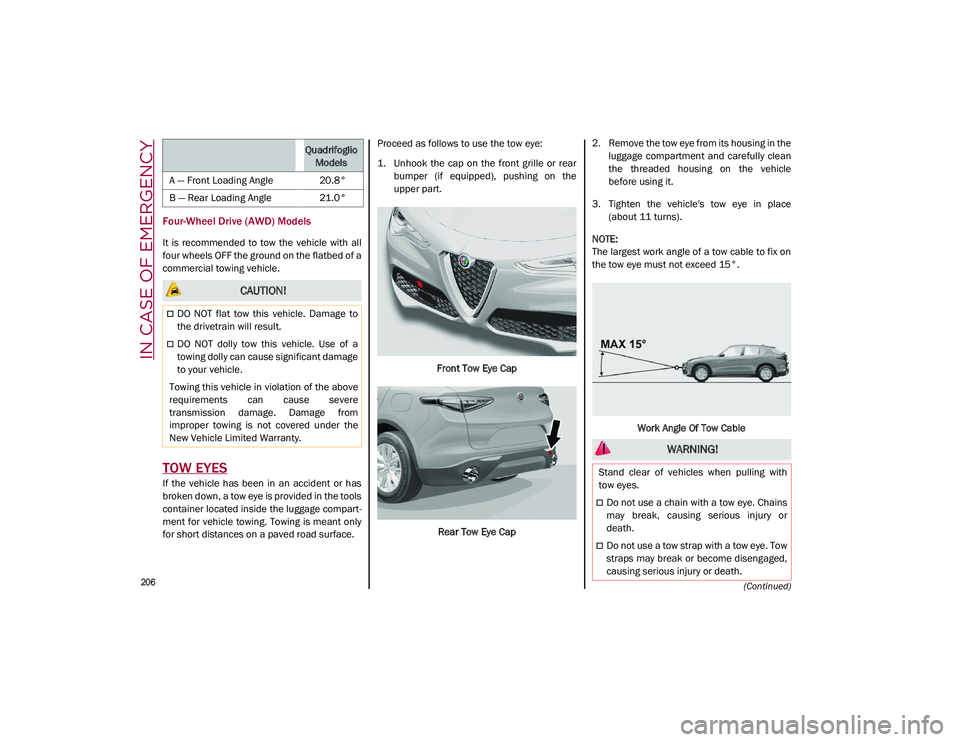 ALFA ROMEO STELVIO 2021 Owners Manual IN CASE OF EMERGENCY
206
(Continued)
Four-Wheel Drive (AWD) Models
It is recommended to tow the vehicle with all
four wheels OFF the ground on the flatbed of a
commercial towing vehicle.
TOW ALFA ROMEO STELVIO 2021 Owners Manual IN CASE OF EMERGENCY
206
(Continued)
Four-Wheel Drive (AWD) Models
It is recommended to tow the vehicle with all
four wheels OFF the ground on the flatbed of a
commercial towing vehicle.
TOW