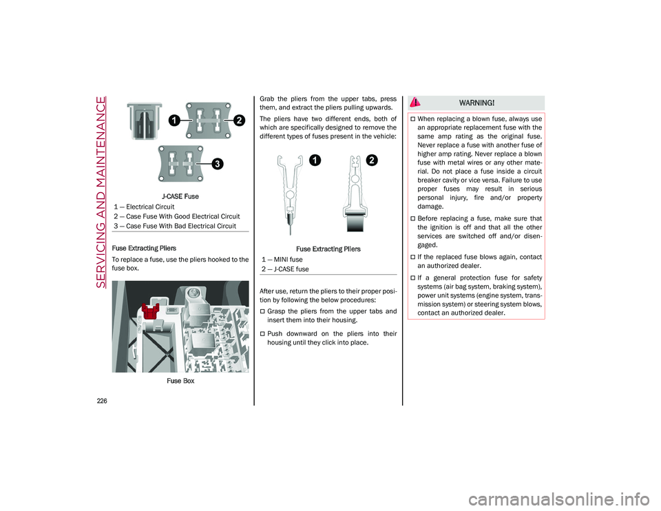 ALFA ROMEO STELVIO 2021 Owners Manual SERVICING AND MAINTENANCE
226
J-CASE Fuse
Fuse Extracting Pliers
To replace a fuse, use the pliers hooked to the
fuse box.
Fuse Box Grab the pliers from the upper tabs, press
them, and extrac ALFA ROMEO STELVIO 2021 Owners Manual SERVICING AND MAINTENANCE
226
J-CASE Fuse
Fuse Extracting Pliers
To replace a fuse, use the pliers hooked to the
fuse box.
Fuse Box Grab the pliers from the upper tabs, press
them, and extrac
