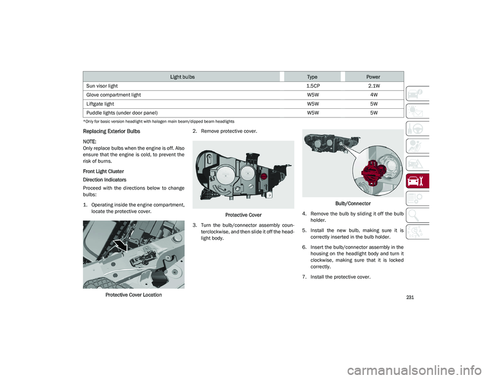 ALFA ROMEO STELVIO 2021 Owners Manual
231
*Only for basic version headlight with halogen main beam/dipped beam headlights
Replacing Exterior Bulbs
NOTE:
Only replace bulbs when the engine is off. Also
ensure that the engine is col ALFA ROMEO STELVIO 2021 Owners Manual
231
*Only for basic version headlight with halogen main beam/dipped beam headlights
Replacing Exterior Bulbs
NOTE:
Only replace bulbs when the engine is off. Also
ensure that the engine is col
