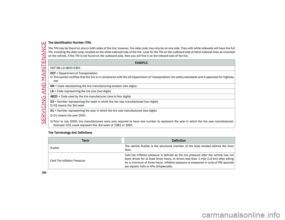 ALFA ROMEO STELVIO 2021 Owners Manual SERVICING AND MAINTENANCE
236
Tire Identification Number (TIN)
The TIN may be found on one or both sides of the tire; however, the date code may only be on one side. Tires with white sidewalls will ALFA ROMEO STELVIO 2021 Owners Manual SERVICING AND MAINTENANCE
236
Tire Identification Number (TIN)
The TIN may be found on one or both sides of the tire; however, the date code may only be on one side. Tires with white sidewalls will