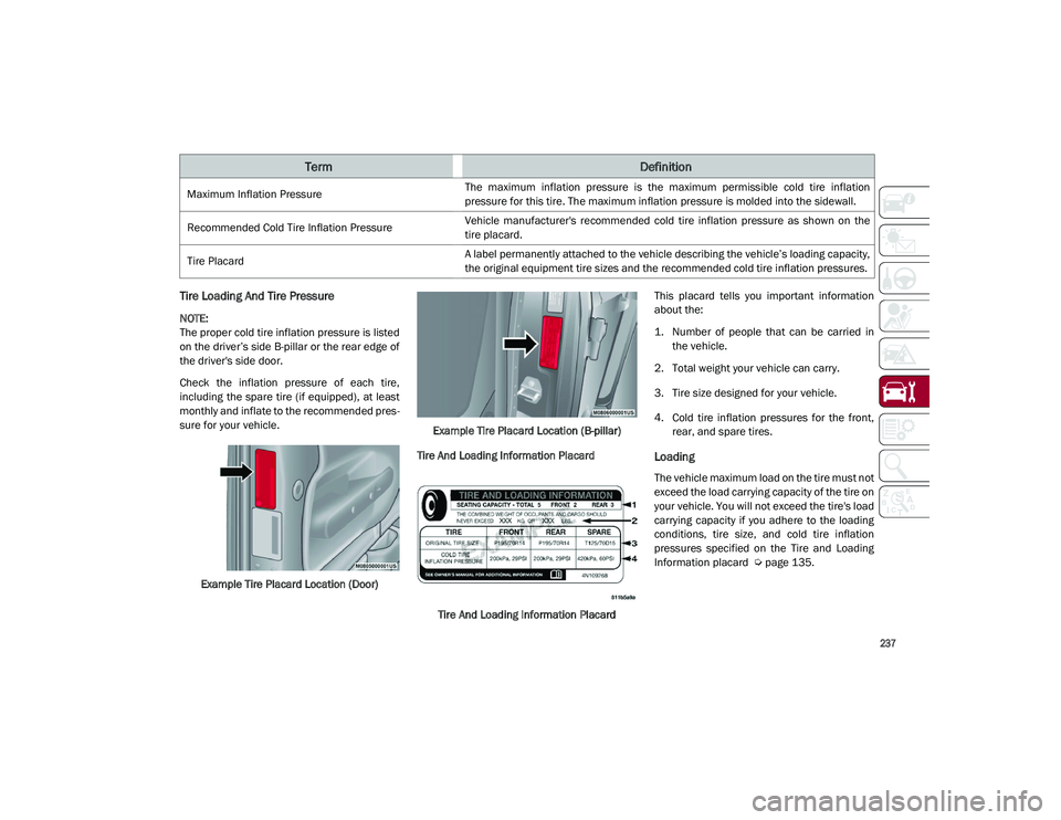 ALFA ROMEO STELVIO 2021 Owners Manual
237
Tire Loading And Tire Pressure
NOTE:
The proper cold tire inflation pressure is listed
on the driver’s side B-pillar or the rear edge of
the driver's side door.
Check the inflation p ALFA ROMEO STELVIO 2021 Owners Manual
237
Tire Loading And Tire Pressure
NOTE:
The proper cold tire inflation pressure is listed
on the driver’s side B-pillar or the rear edge of
the driver's side door.
Check the inflation p