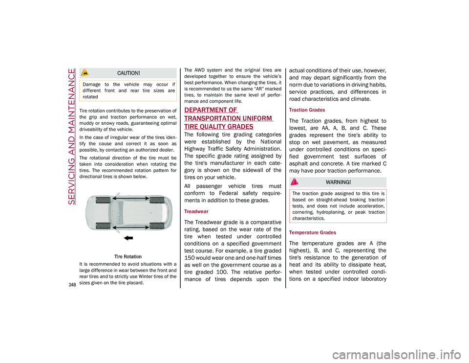 ALFA ROMEO STELVIO 2021  Owners Manual SERVICING AND MAINTENANCE

248

Tire rotation contributes to the preservation of
the  grip  and  traction  performance  on  wet,
muddy  or  snowy  roads,  guaranteeing  optimal
driveability of the veh