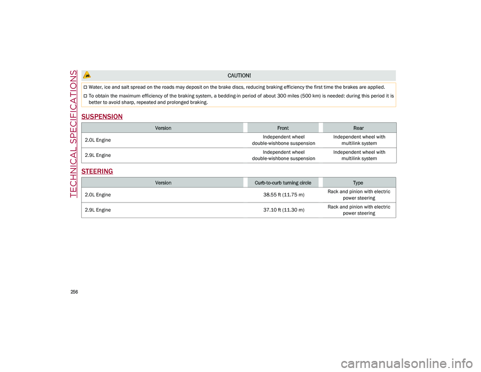ALFA ROMEO STELVIO 2021 Owners Manual TECHNICAL SPECIFICATIONS
256
SUSPENSION
STEERING
CAUTION!
Water, ice and salt spread on the roads may deposit on the brake discs, reducing braking efficiency the first time the brakes are applie ALFA ROMEO STELVIO 2021 Owners Manual TECHNICAL SPECIFICATIONS
256
SUSPENSION
STEERING
CAUTION!
Water, ice and salt spread on the roads may deposit on the brake discs, reducing braking efficiency the first time the brakes are applie