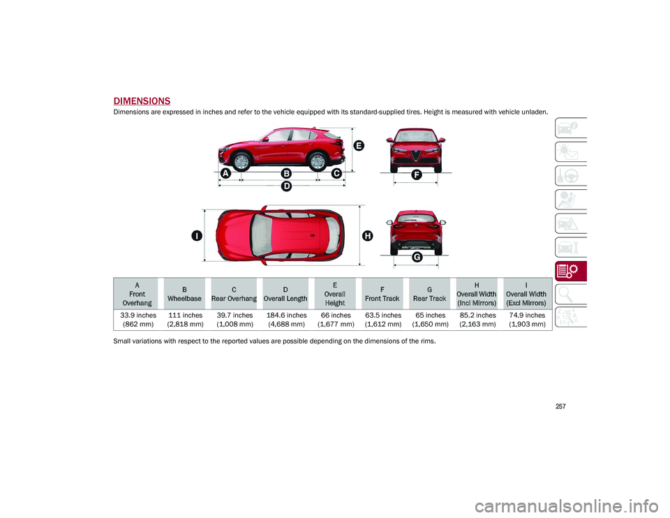 ALFA ROMEO STELVIO 2021 Owners Manual
257
DIMENSIONS
Dimensions are expressed in inches and refer to the vehicle equipped with its standard-supplied tires. Height is measured with vehicle unladen.
Small variations with respect to the re ALFA ROMEO STELVIO 2021 Owners Manual
257
DIMENSIONS
Dimensions are expressed in inches and refer to the vehicle equipped with its standard-supplied tires. Height is measured with vehicle unladen.
Small variations with respect to the re