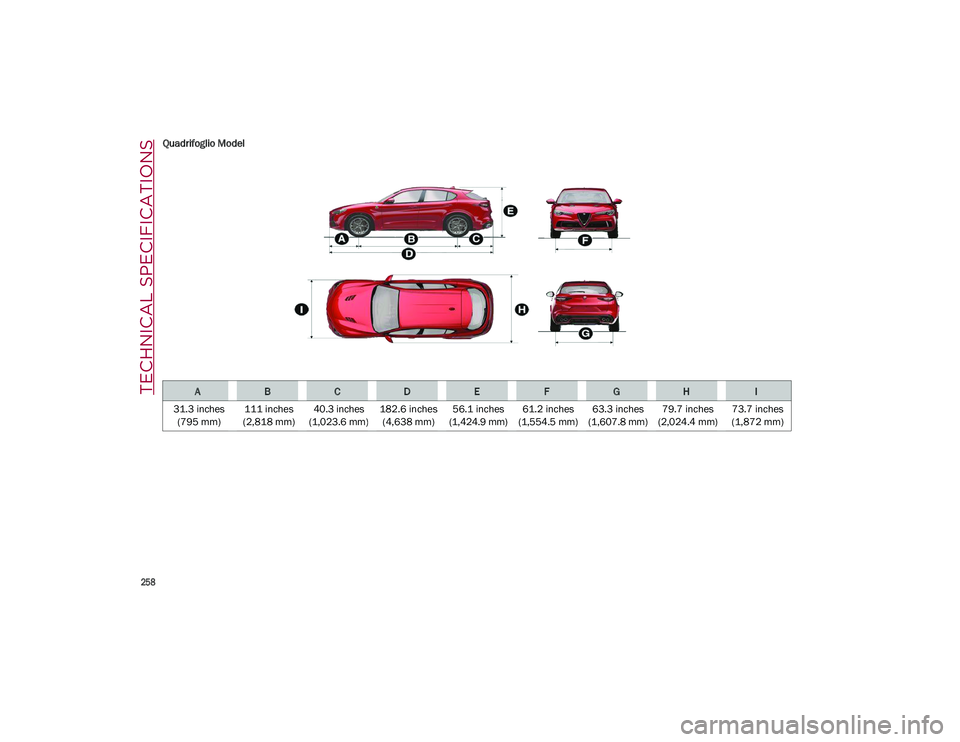 ALFA ROMEO STELVIO 2021 Owners Manual TECHNICAL SPECIFICATIONS
258
Quadrifoglio Model
ABCDEFGHI
31.3 inches (795 mm) 111 inches
(2,818 mm) 40.3 inches
(1,023.6 mm) 182.6 inches
(4,638 mm) 56.1 inches
(1,424.9 mm) 61.2 inches
(1,554.5 mm ALFA ROMEO STELVIO 2021 Owners Manual TECHNICAL SPECIFICATIONS
258
Quadrifoglio Model
ABCDEFGHI
31.3 inches (795 mm) 111 inches
(2,818 mm) 40.3 inches
(1,023.6 mm) 182.6 inches
(4,638 mm) 56.1 inches
(1,424.9 mm) 61.2 inches
(1,554.5 mm