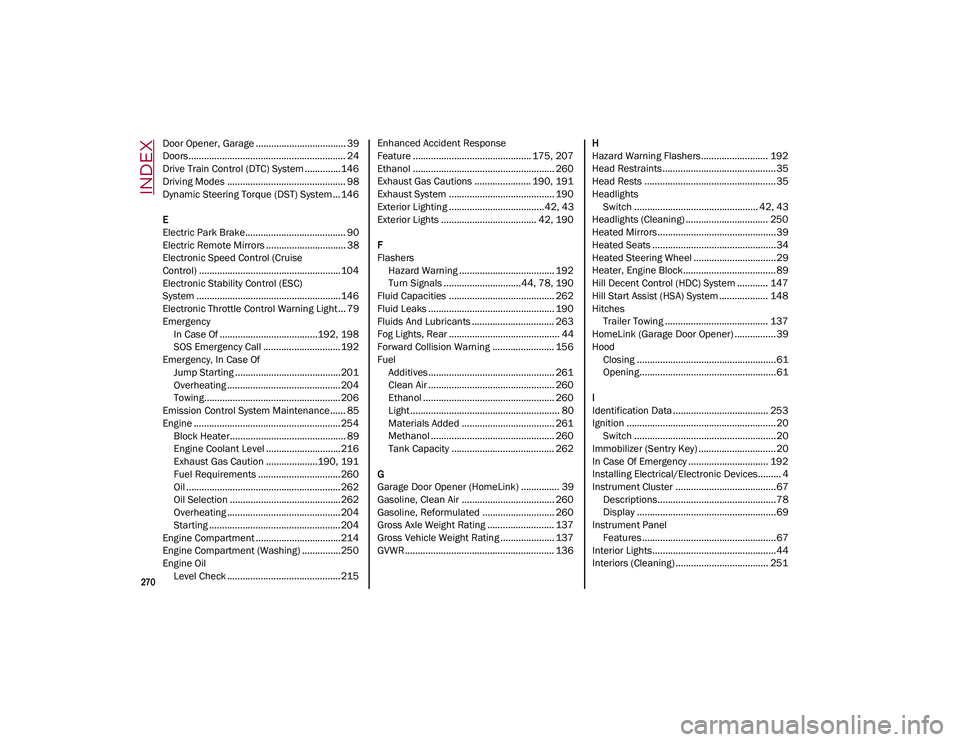ALFA ROMEO STELVIO 2021 Owners Manual
270
INDEX
Door Opener, Garage ................................... 39
Doors............................................................. 24
Drive Train Control (DTC) System ..............146
Driving ALFA ROMEO STELVIO 2021 Owners Manual
270
INDEX
Door Opener, Garage ................................... 39
Doors............................................................. 24
Drive Train Control (DTC) System ..............146
Driving