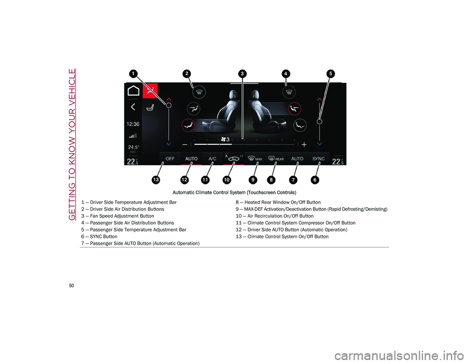 ALFA ROMEO STELVIO 2021 Workshop Manual GETTING TO KNOW YOUR VEHICLE
50
Automatic Climate Control System (Touchscreen Controls)
1 — Driver Side Temperature Adjustment Bar 8 — Heated Rear Window On/Off Button
2 — Driver Side Air Dist ALFA ROMEO STELVIO 2021 Workshop Manual GETTING TO KNOW YOUR VEHICLE
50
Automatic Climate Control System (Touchscreen Controls)
1 — Driver Side Temperature Adjustment Bar 8 — Heated Rear Window On/Off Button
2 — Driver Side Air Dist
