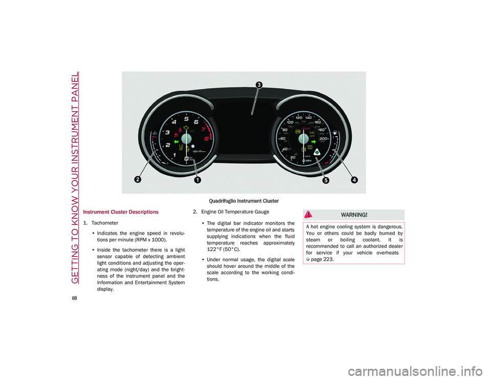 ALFA ROMEO STELVIO 2021 Repair Manual GETTING TO KNOW YOUR INSTRUMENT PANEL

68

Quadrifoglio Instrument Cluster
Instrument Cluster Descriptions
1. Tachometer•Indicates  the  engine  speed  in  revolu-
tions per minute (RPM x 1000).
•