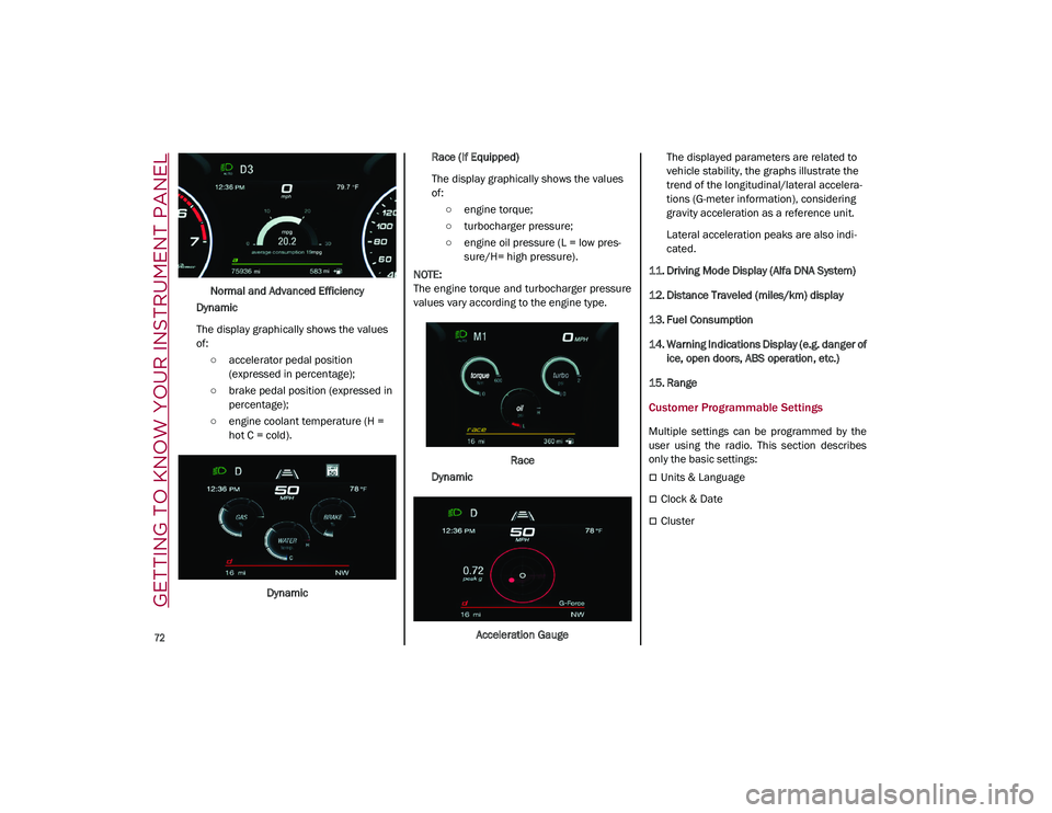 ALFA ROMEO STELVIO 2021 Manual PDF GETTING TO KNOW YOUR INSTRUMENT PANEL
72
Normal and Advanced Efficiency
Dynamic
The display graphically shows the values
of: ○ accelerator pedal position (expressed in percentage);
○ brake peda ALFA ROMEO STELVIO 2021 Manual PDF GETTING TO KNOW YOUR INSTRUMENT PANEL
72
Normal and Advanced Efficiency
Dynamic
The display graphically shows the values
of: ○ accelerator pedal position (expressed in percentage);
○ brake peda