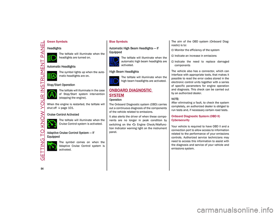ALFA ROMEO STELVIO 2021 Owners Manual GETTING TO KNOW YOUR INSTRUMENT PANEL
84
Green Symbols
Headlights
The telltale will illuminate when the
headlights are turned on.
Automatic Headlights
The symbol lights up when the auto-
matic ALFA ROMEO STELVIO 2021 Owners Manual GETTING TO KNOW YOUR INSTRUMENT PANEL
84
Green Symbols
Headlights
The telltale will illuminate when the
headlights are turned on.
Automatic Headlights
The symbol lights up when the auto-
matic