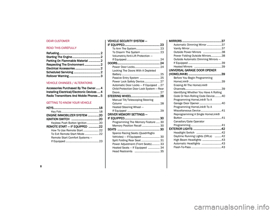 ALFA ROMEO STELVIO 2021  Owners Manual 
8

DEAR CUSTOMER
READ THIS CAREFULLY
Refueling..................................................... 2
Starting The Engine .................................... 2
Parking On Flammable Material ........