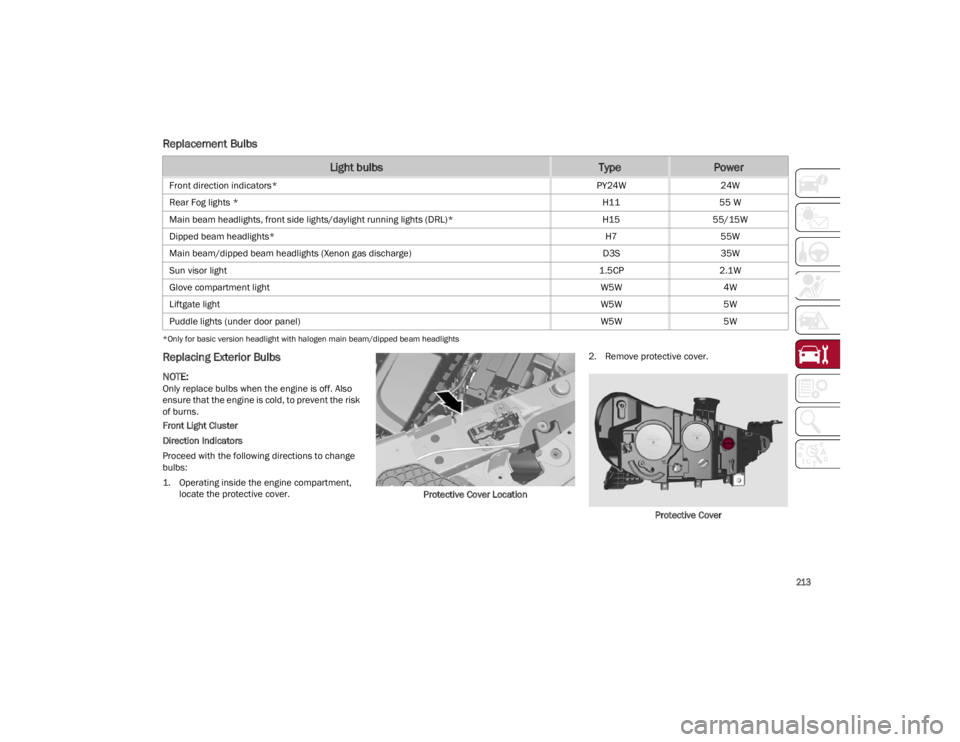 ALFA ROMEO STELVIO 2022 Owners Manual
213
Replacement Bulbs
*Only for basic version headlight with halogen main beam/dipped beam headlights
Replacing Exterior Bulbs
NOTE:
Only replace bulbs when the engine is off. Also
ensure that the ALFA ROMEO STELVIO 2022 Owners Manual
213
Replacement Bulbs
*Only for basic version headlight with halogen main beam/dipped beam headlights
Replacing Exterior Bulbs
NOTE:
Only replace bulbs when the engine is off. Also
ensure that the