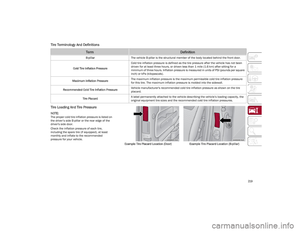 ALFA ROMEO STELVIO 2022  Owners Manual 
219

Tire Terminology And Definitions
Tire Loading And Tire Pressure 

NOTE:
The proper cold tire inflation pressure is listed on 
the driver’s side B-pillar or the rear edge of the 
driver's s